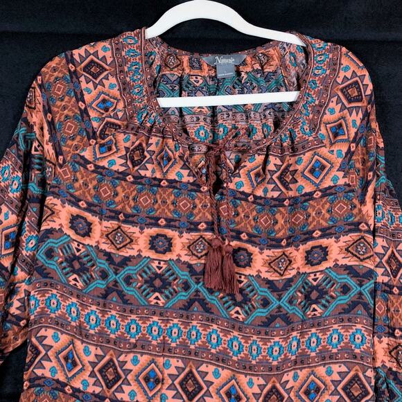 Natural Reflections Womens Blouse Multicolor Aztec Boho 3/4 Sleeve Peasant Large - Picture 2 of 11